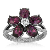 Pewter Purple And Clear Crystal Floral Ring Size 7
