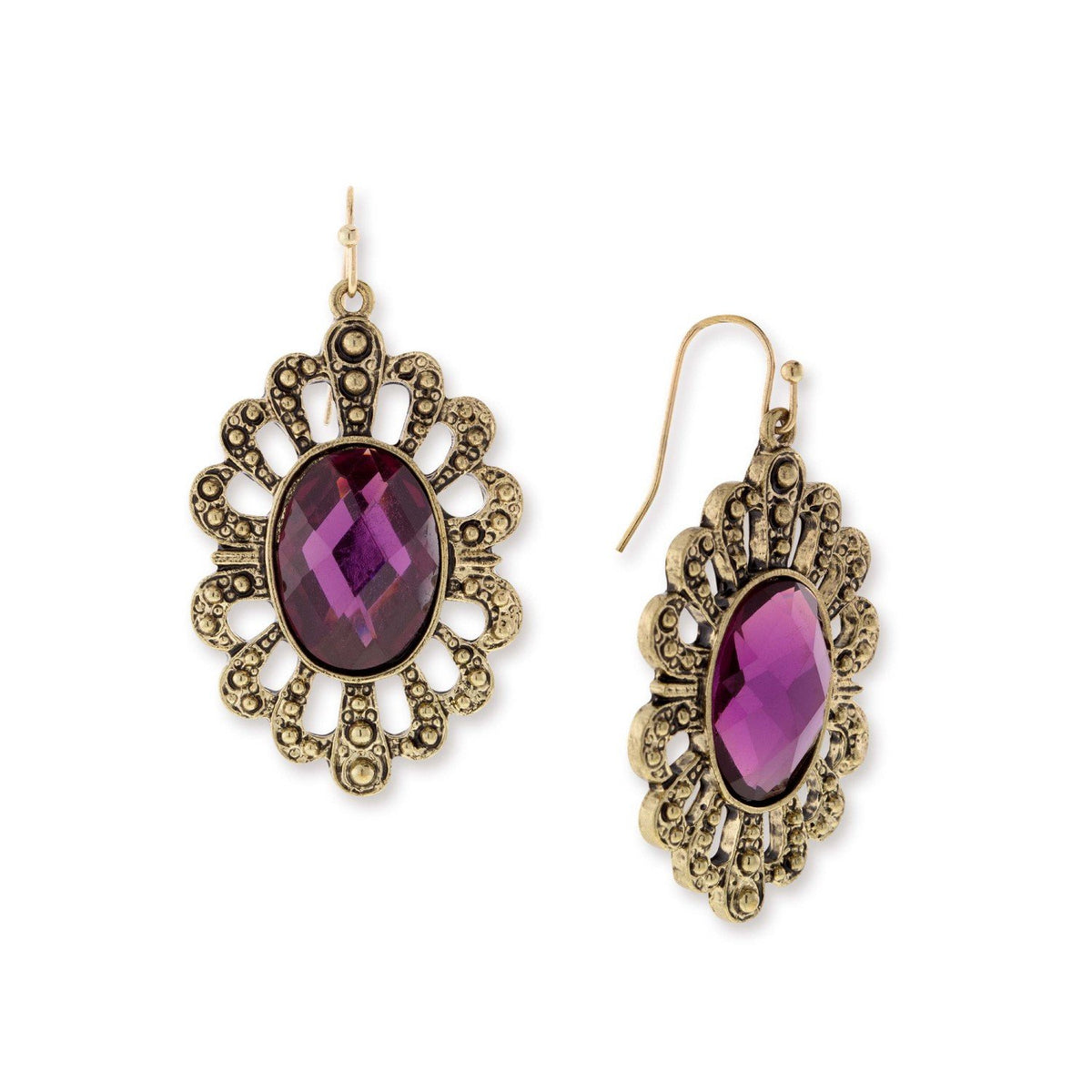  Gold-Tone Purple Filigree Oval Drop Earrings