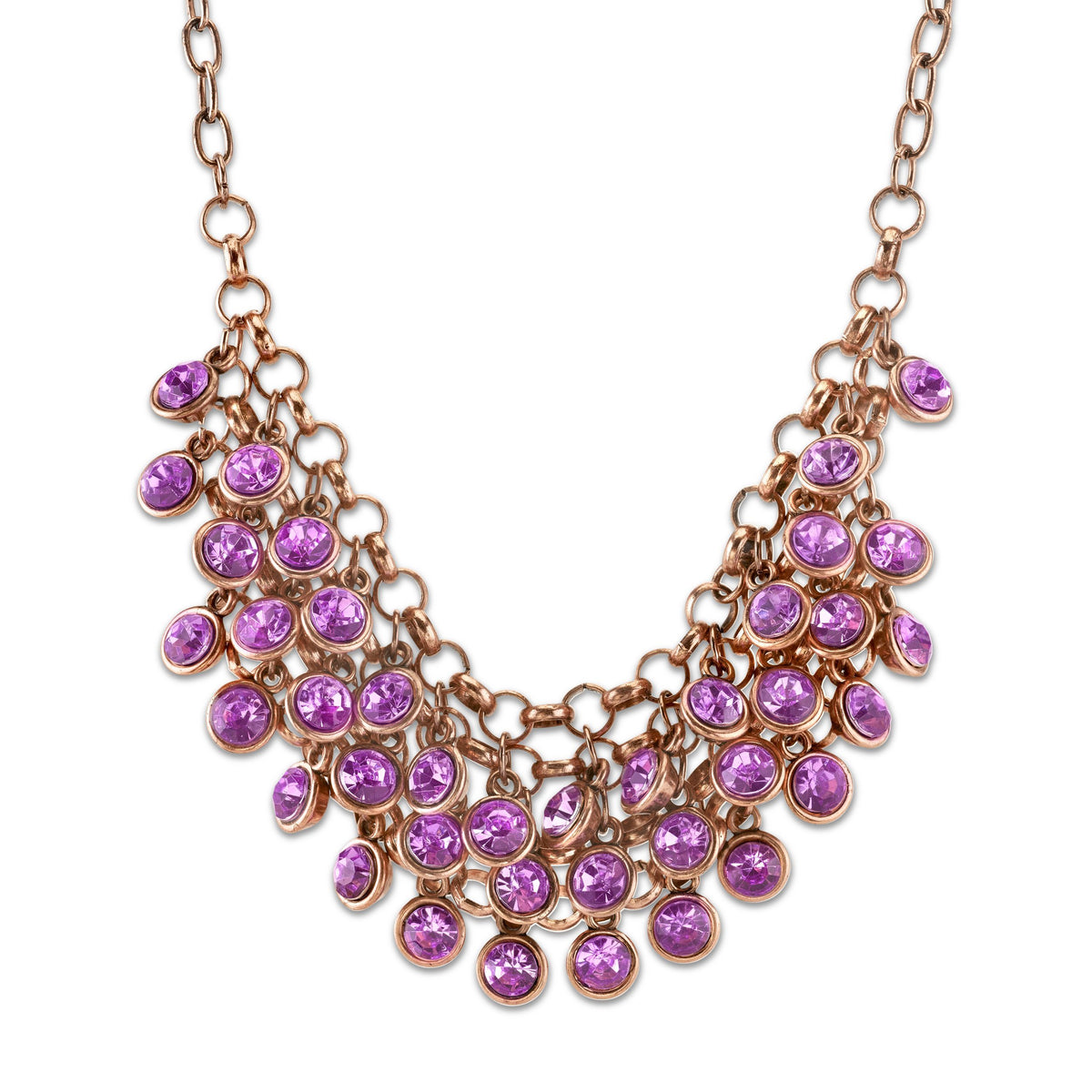 Copper Tone Lt. Amethyst Purple Color Cluster Bib Necklace 16   19 Inch Adjustable