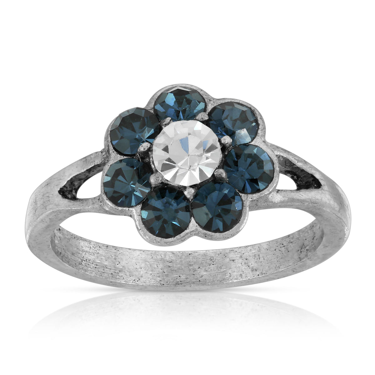 Pewter Clear And Dark Blue Crystal Flower Ring Size 7