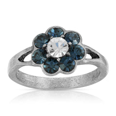 Pewter Clear And Dark Blue Crystal Flower Ring Size 7