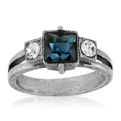 Pewter Dark Blue And Clear Crystal Square Ring Size 7